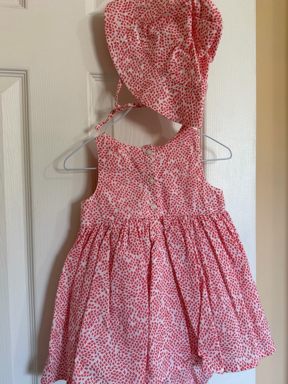 H&M White Dress with Pink Geometric Print and Bonnet